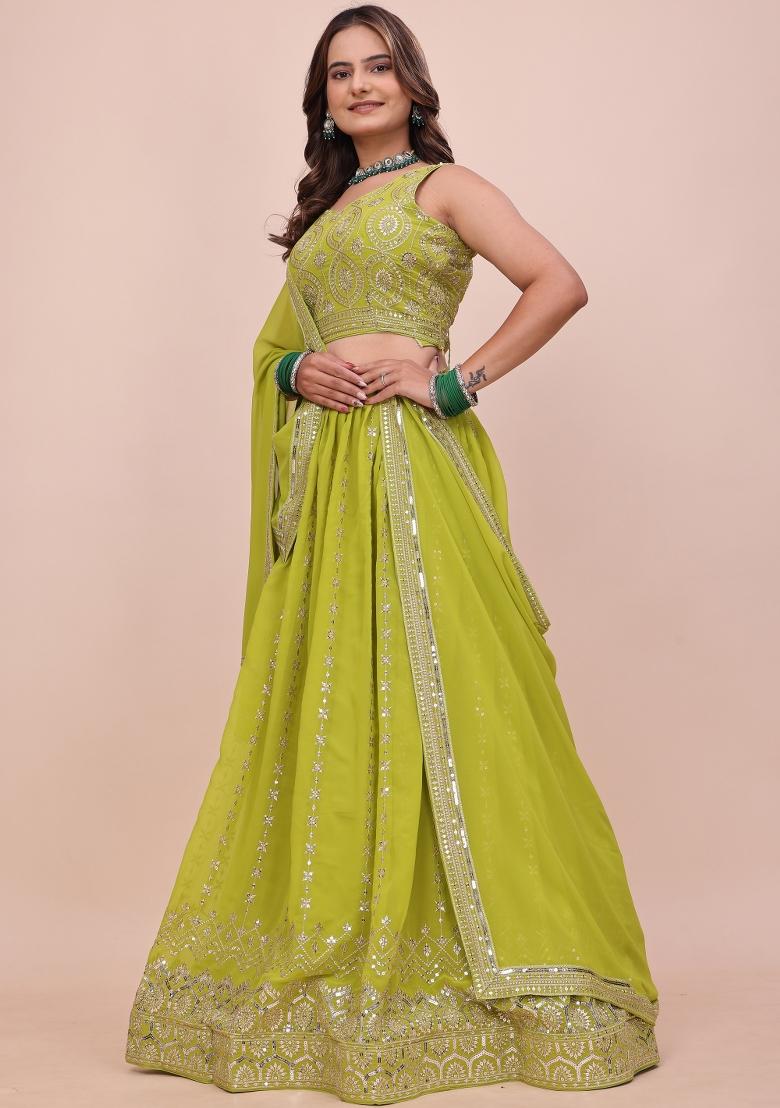 Parrot Green Sequin Work Georgette Lehenga Set - Indya