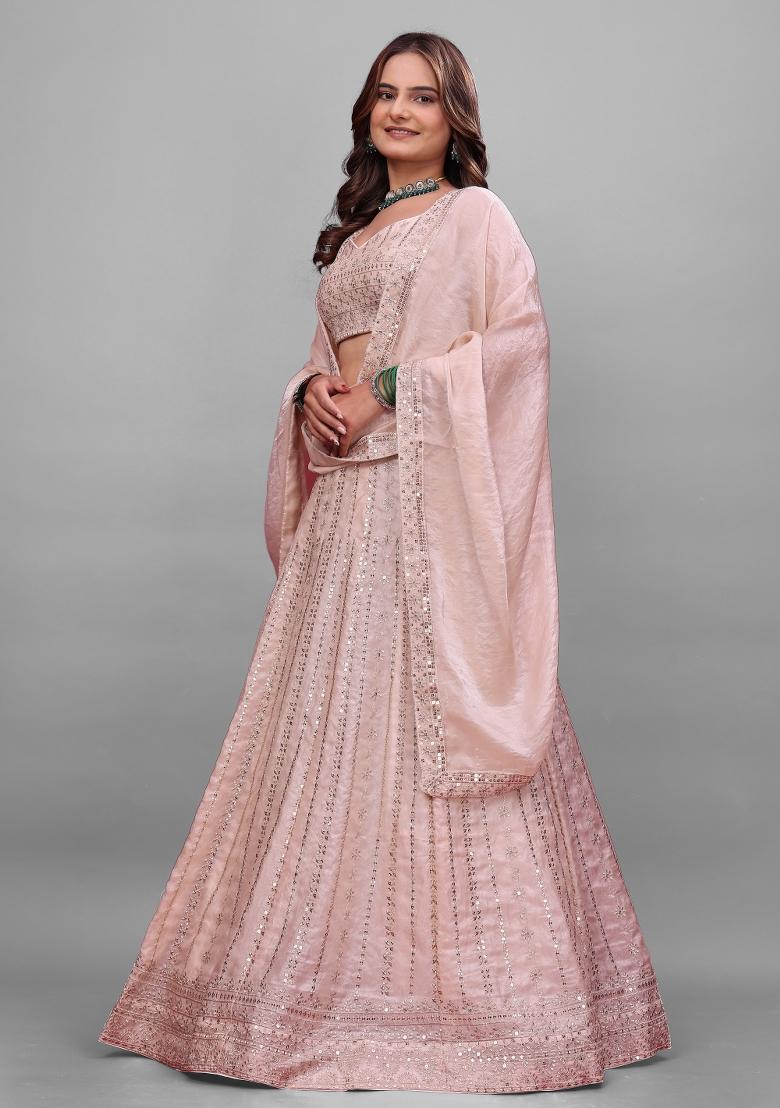 Baby Pink Sequin Work Silk Lehenga Set - Indya