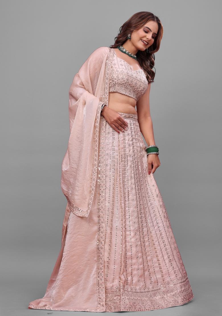 Baby Pink Sequin Work Silk Lehenga Set - Indya