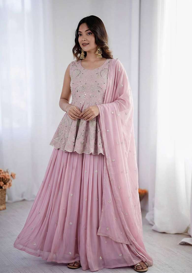 Pink Embroidery Georgette Lehenga Set for Diwali and Festive Wear - Indya