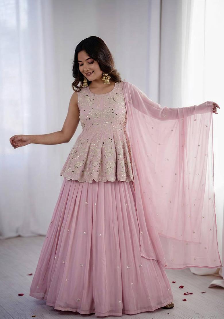 Pink Embroidery Georgette Lehenga Set - Indya