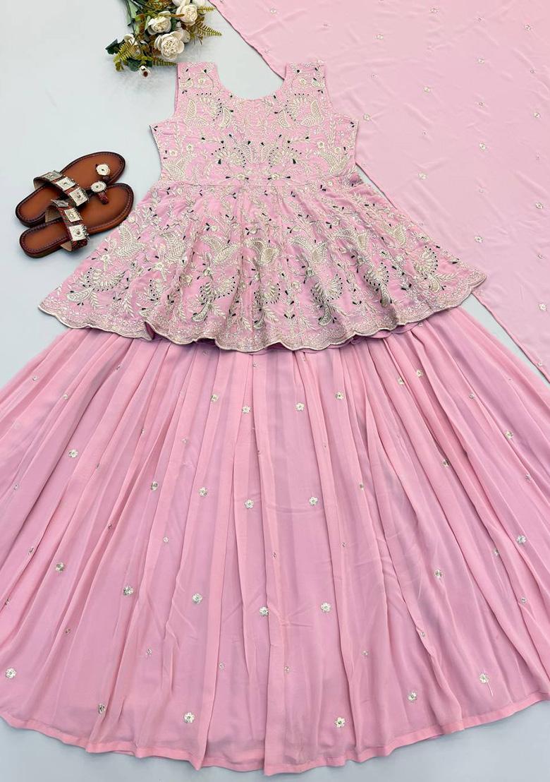 Pink Embroidery Georgette Lehenga Set - Indya