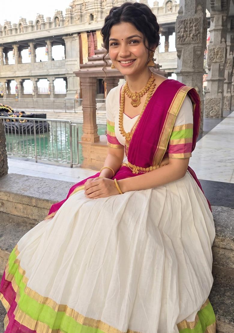 White Woven Design Cotton Lehenga Set - Indya