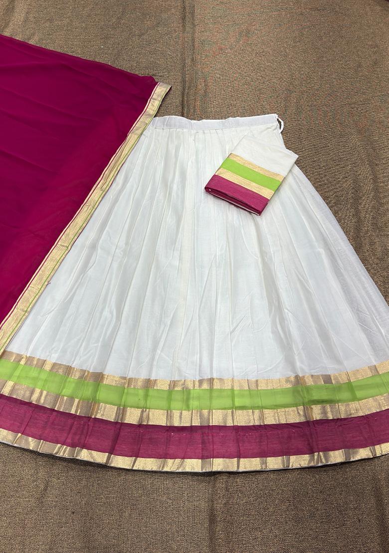 White Woven Design Cotton Lehenga Set - Indya