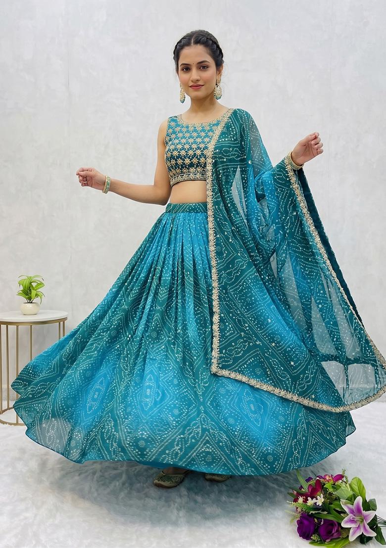 Teal Embroidery Georgette Lehenga Set - Indya