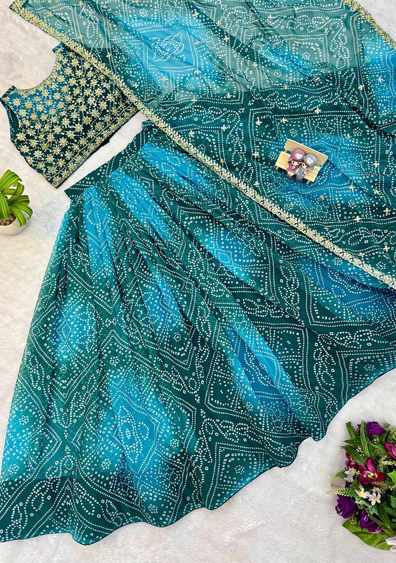 Teal Embroidery Georgette Lehenga Set - Indya