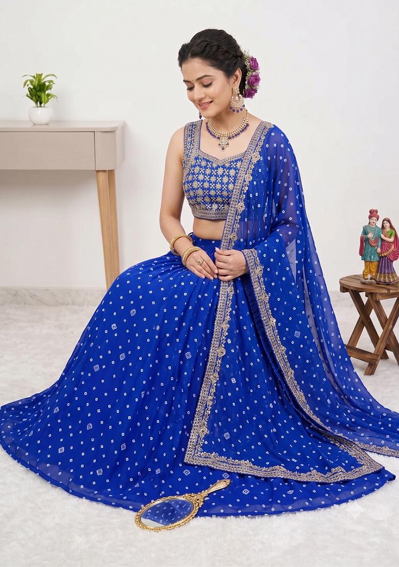 Blue Embroidery Georgette Lehenga Set - Indya