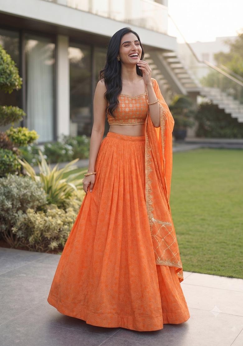 Orange Embroidery Georgette Lehenga Set - Indya