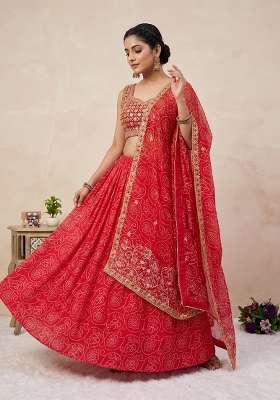 Red Georgette Lehenga Set with Embroidery for Diwali | Wedding & Festive Wear