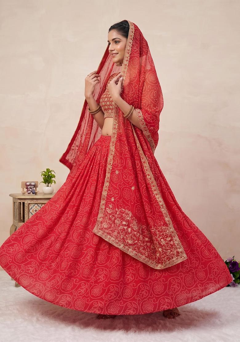 Red Embroidery Georgette Lehenga Set - Indya