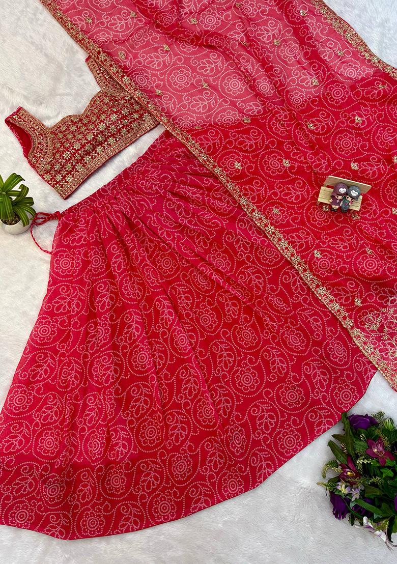 Red Embroidery Georgette Lehenga Set - Indya