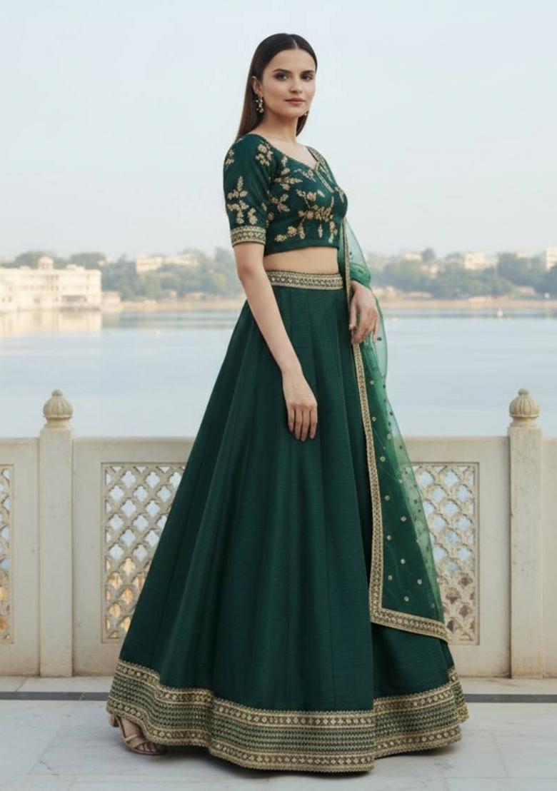 Green Sequin Work Silk Lehenga Set - Indya