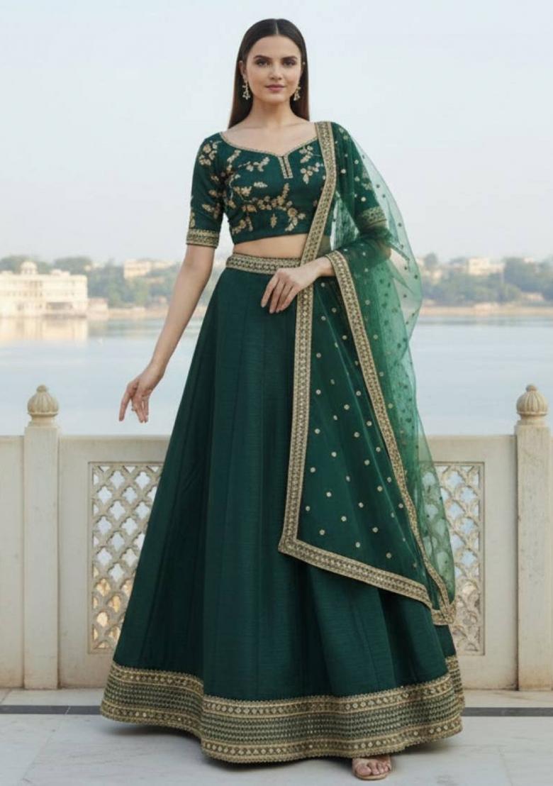 Green Sequin Work Silk Lehenga Set - Indya