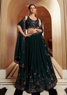 Green Sequin Work Georgette Lehenga Set