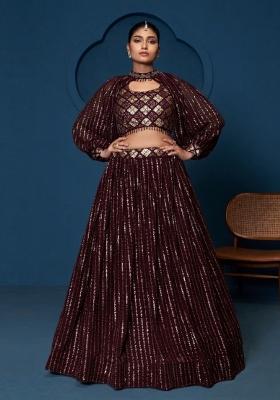 Wine Sequin Work Georgette Lehenga Set