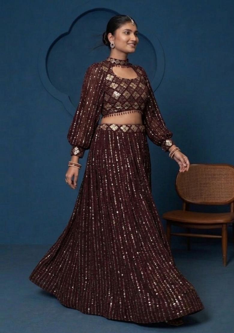 Wine Sequin Work Georgette Lehenga Set - Indya