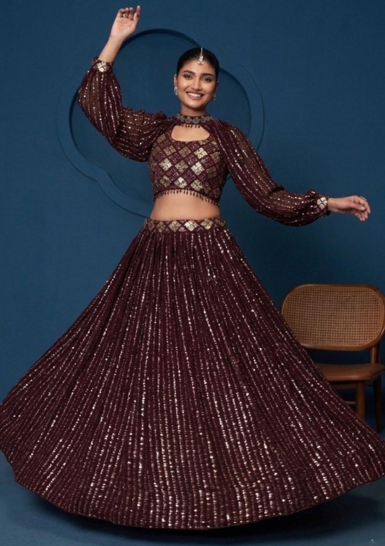 Wine Sequin Work Georgette Lehenga Set - Indya