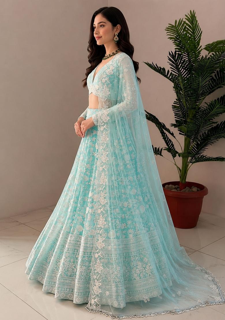 Sky Blue Sequin Work Net Lehenga Set - Indya