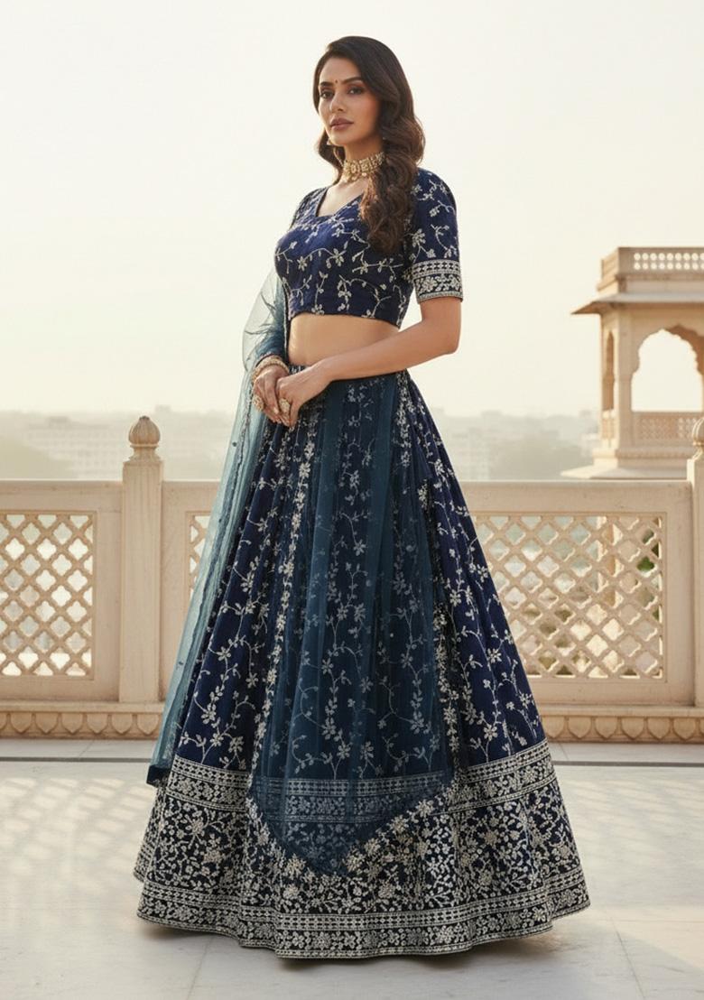 Blue Sequin Work Georgette Lehenga Set - Indya