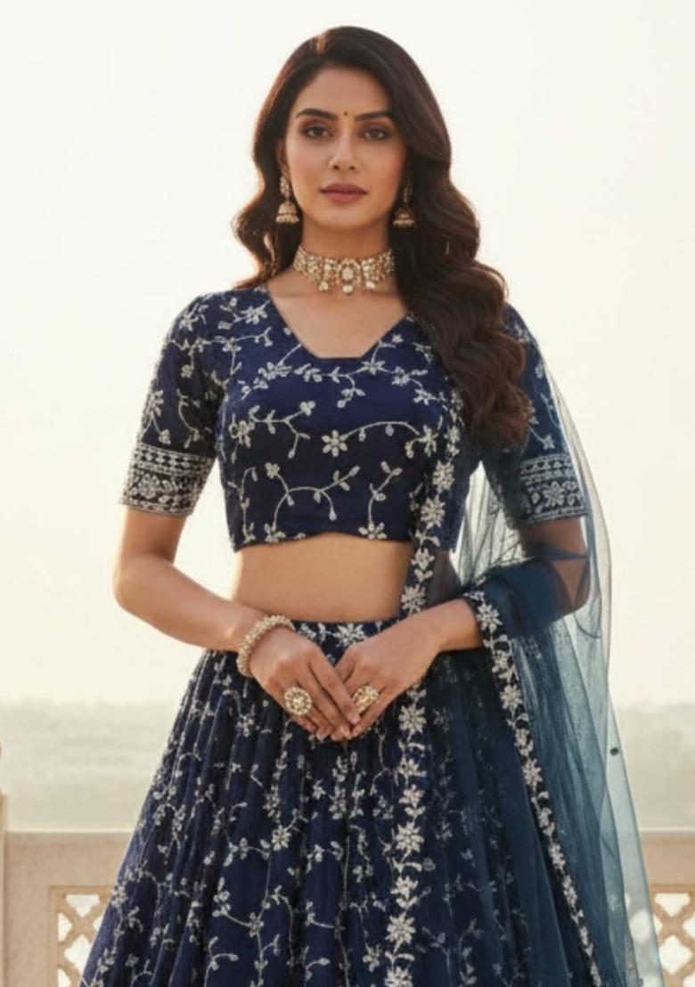 Blue Sequin Work Georgette Lehenga Set - Indya