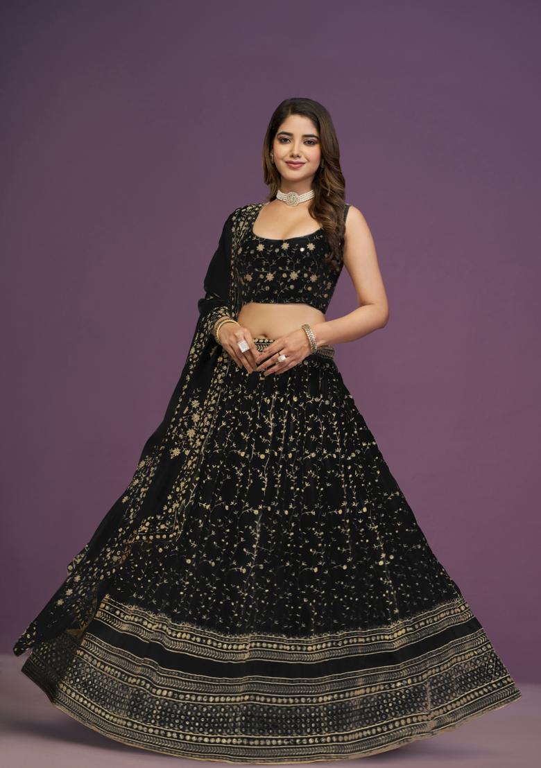 Black Sequin Work Georgette Lehenga Set - Indya