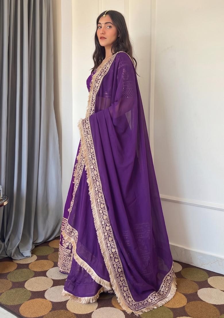 Purple Sequin Work Georgette Lehenga Set - Indya