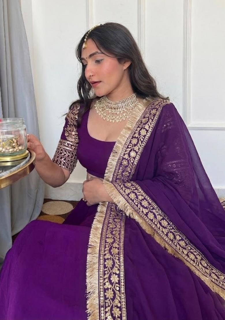 Purple Sequin Work Georgette Lehenga Set - Indya