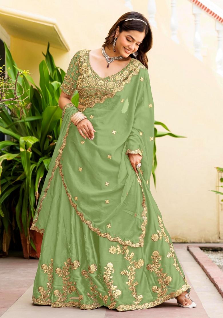 Parrot Sequin Work Silk Lehenga Set - Indya
