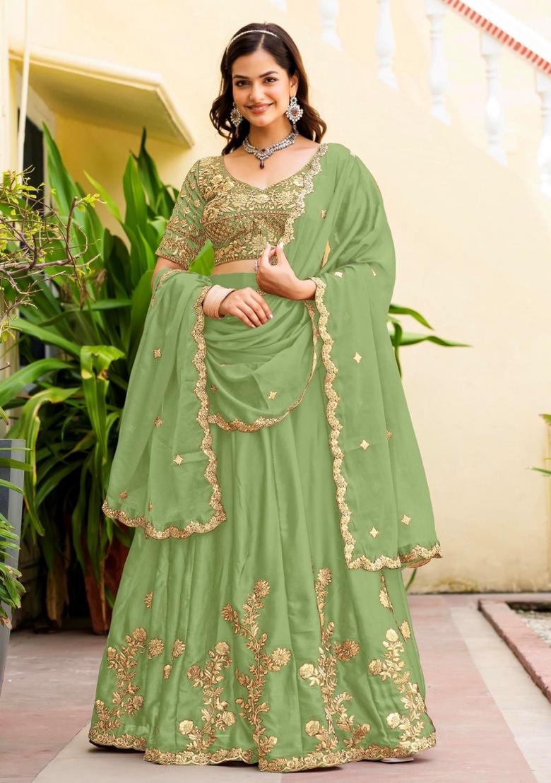Parrot Sequin Work Silk Lehenga Set - Indya