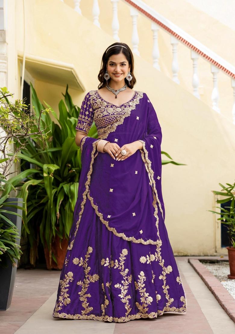 Purple Sequin Work Silk Lehenga Set - Indya