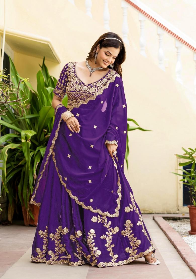 Purple Sequin Work Silk Lehenga Set - Indya