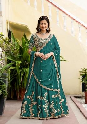 Teal Green Sequin Work Silk Lehenga Set