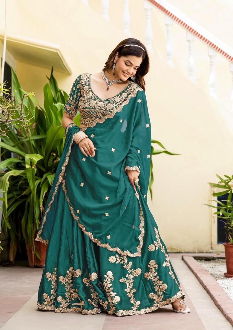 Teal Green Sequin Work Silk Lehenga Set - Indya
