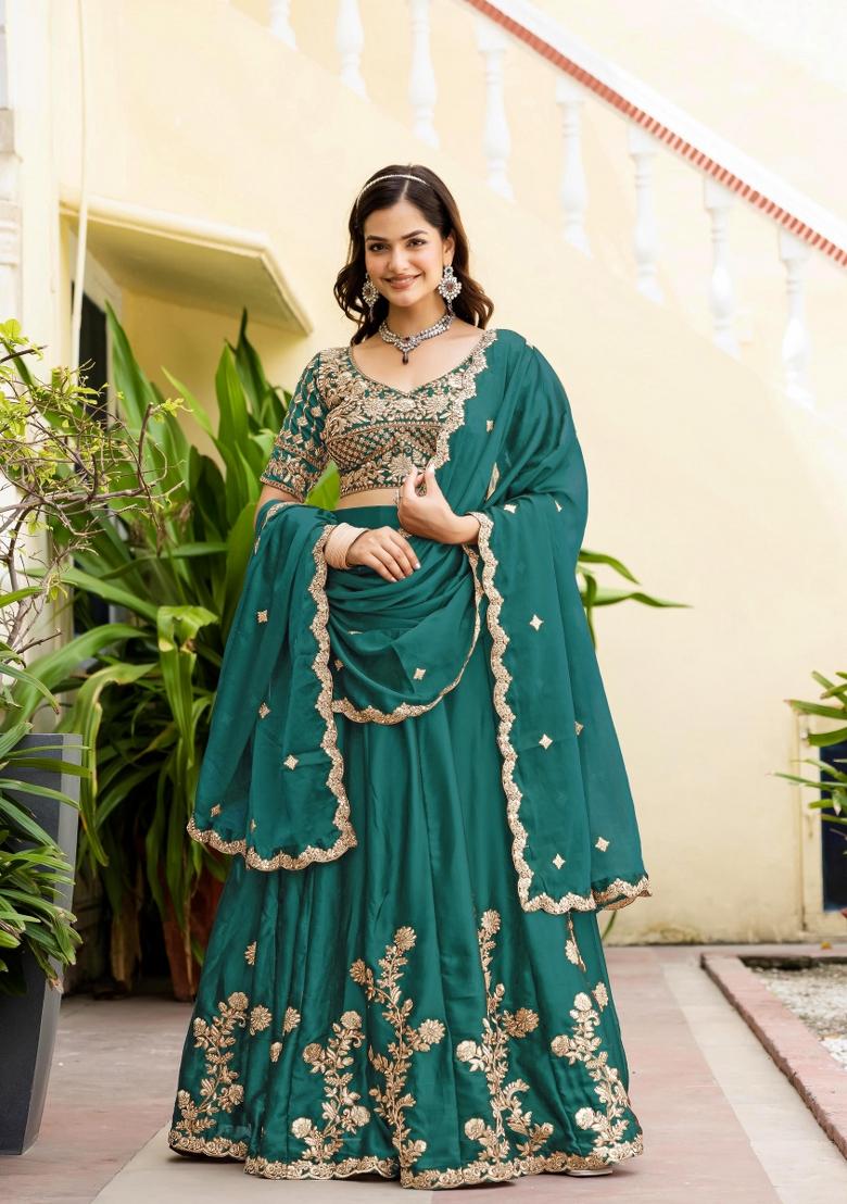 Teal Green Sequin Work Silk Lehenga Set - Indya