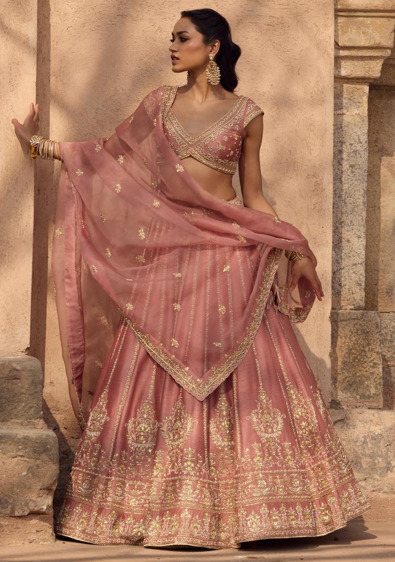 Pink Sequin Work Silk Lehenga Set - Indya