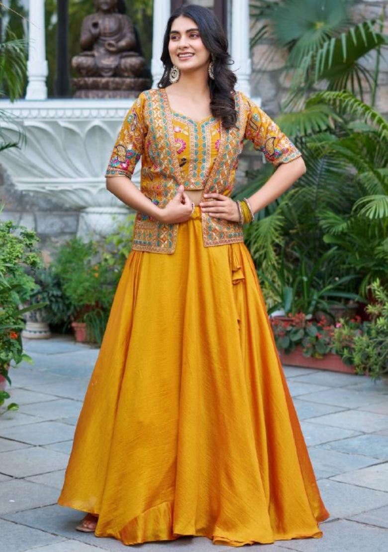 Yellow Sequin Work Silk Lehenga Set - Indya