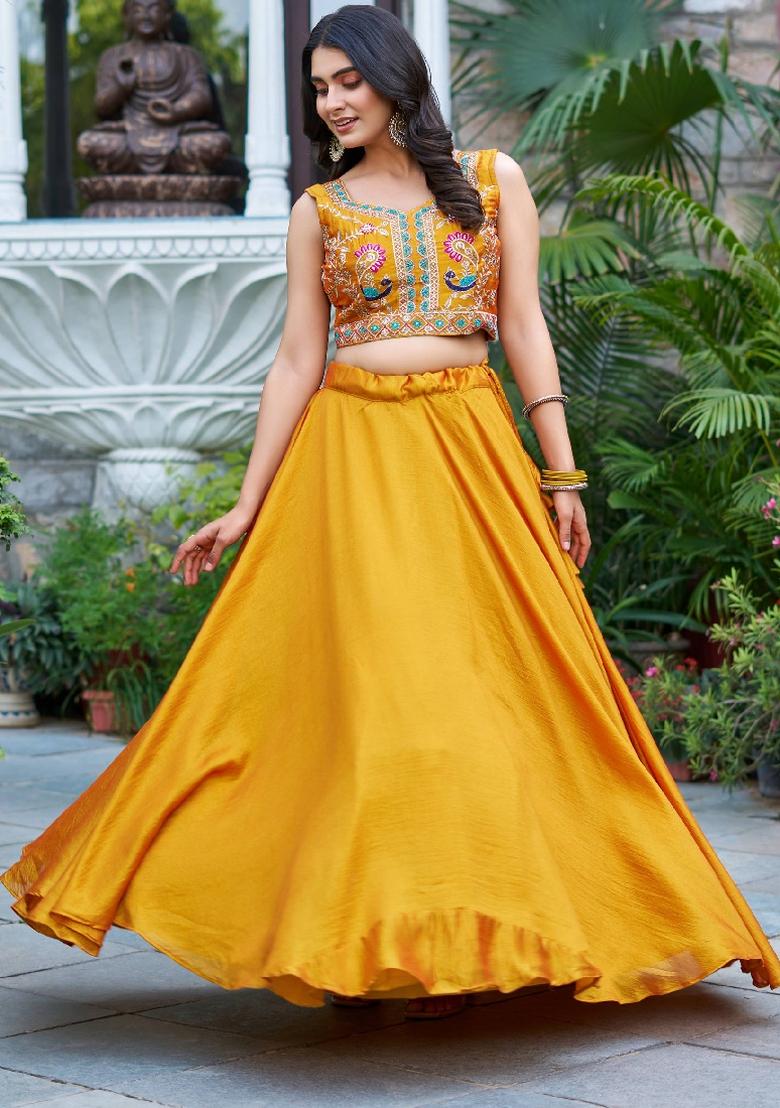 Yellow Sequin Work Silk Lehenga Set - Indya