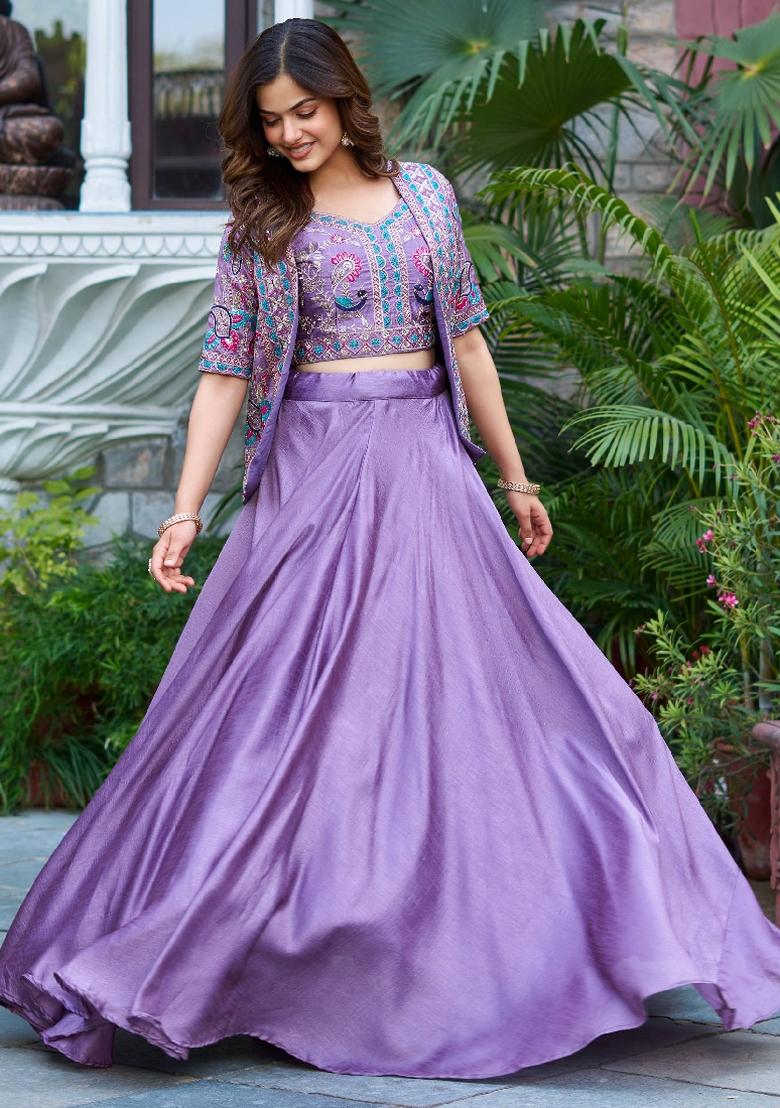 Lavender Sequin Work Silk Lehenga Set - Indya