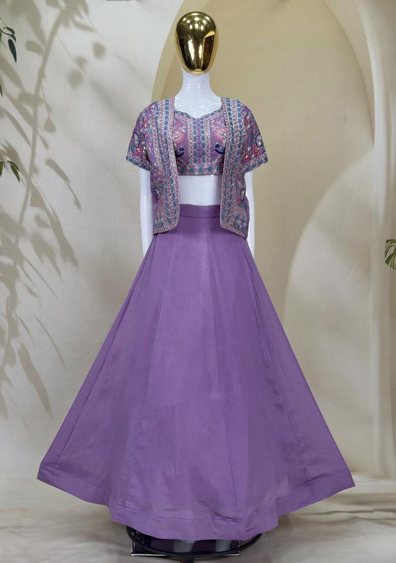 Lavender Sequin Work Silk Lehenga Set - Indya