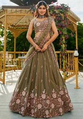 Olive Green Sequin Work Silk Lehenga Set