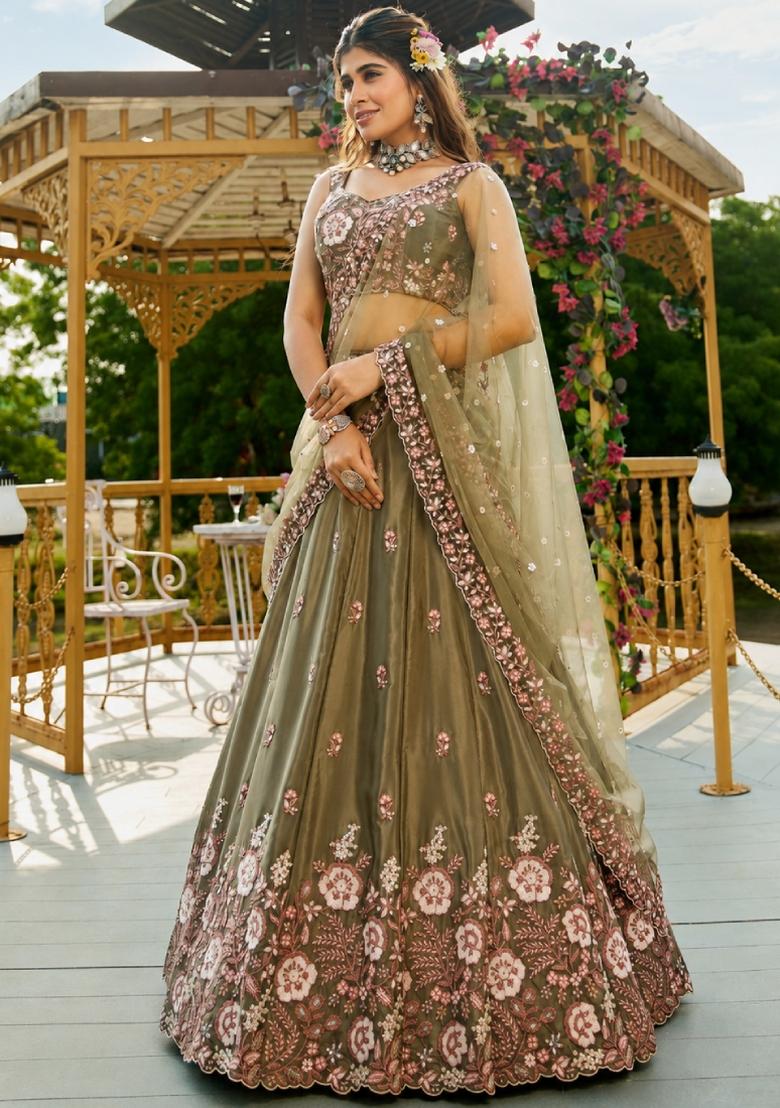 Olive Green Sequin Work Silk Lehenga Set - Indya