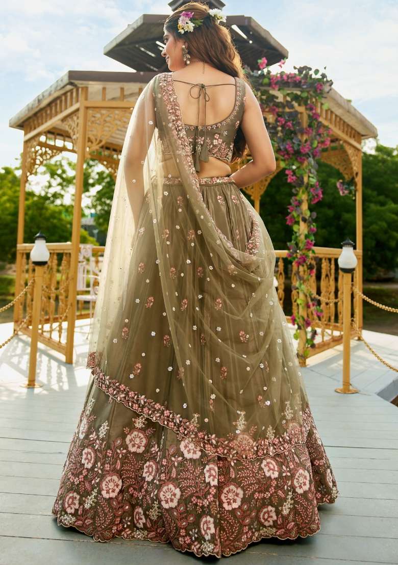 Olive Green Work Silk Lehenga Set with Sequin for Diwali | Wedding & Festive Wear - Indya