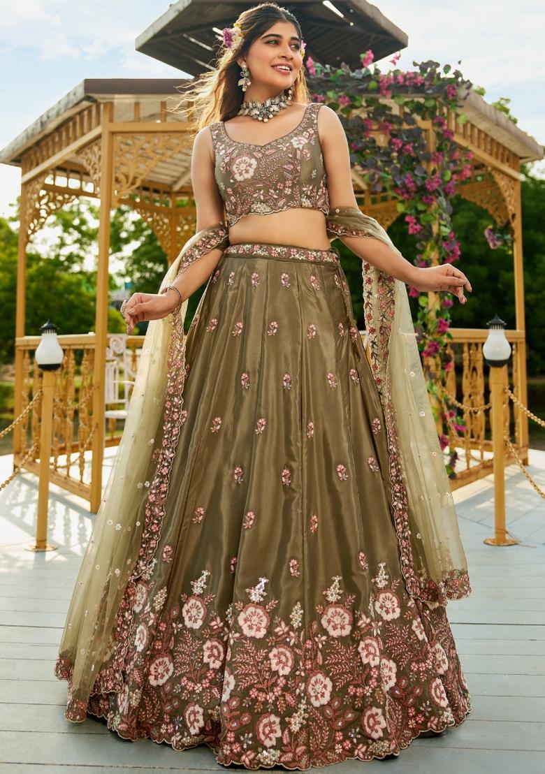 Olive Green Sequin Work Silk Lehenga Set - Indya