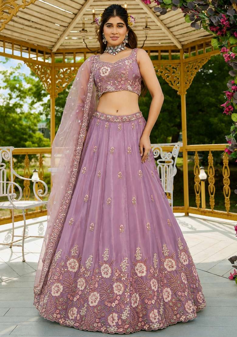 Lavender Work Silk Lehenga Set with Sequin for Diwali | Wedding & Festive Wear - Indya