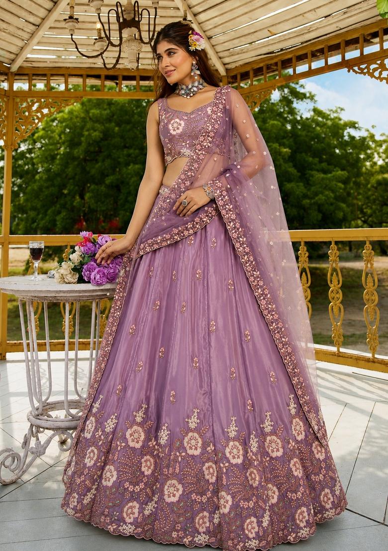 Lavender Sequin Work Silk Lehenga Set - Indya