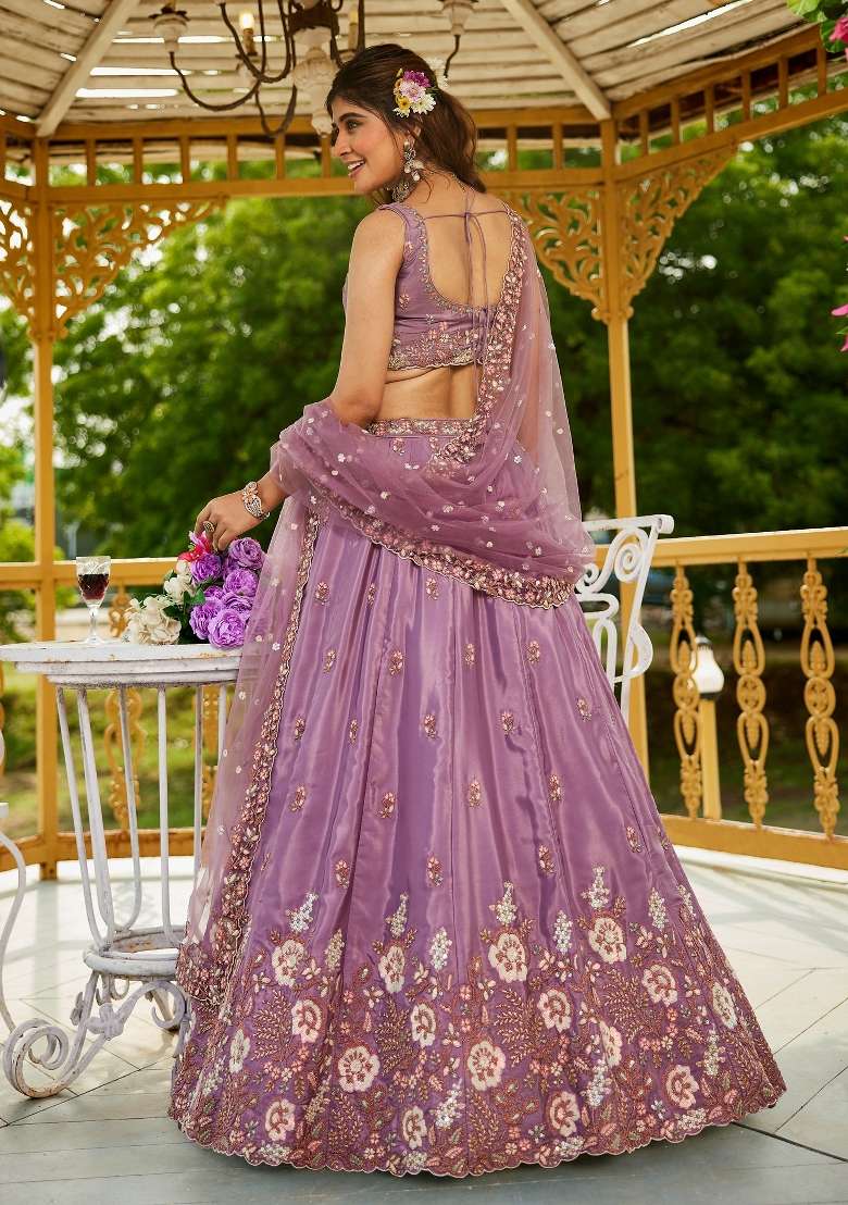 Lavender Work Silk Lehenga Set with Sequin for Diwali | Wedding & Festive Wear - Indya