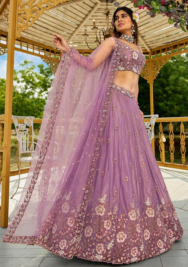 Lavender Sequin Work Silk Lehenga Set - Indya