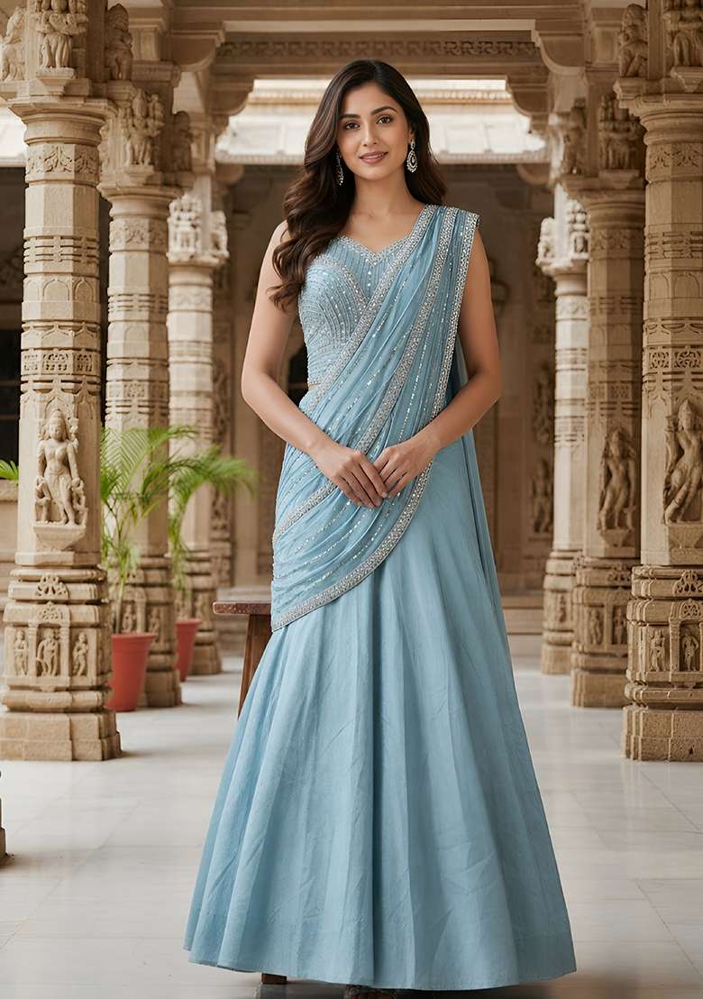 Sky Blue Sequin Work Chinon Lehenga Set for Diwali and Festive Wear - Indya