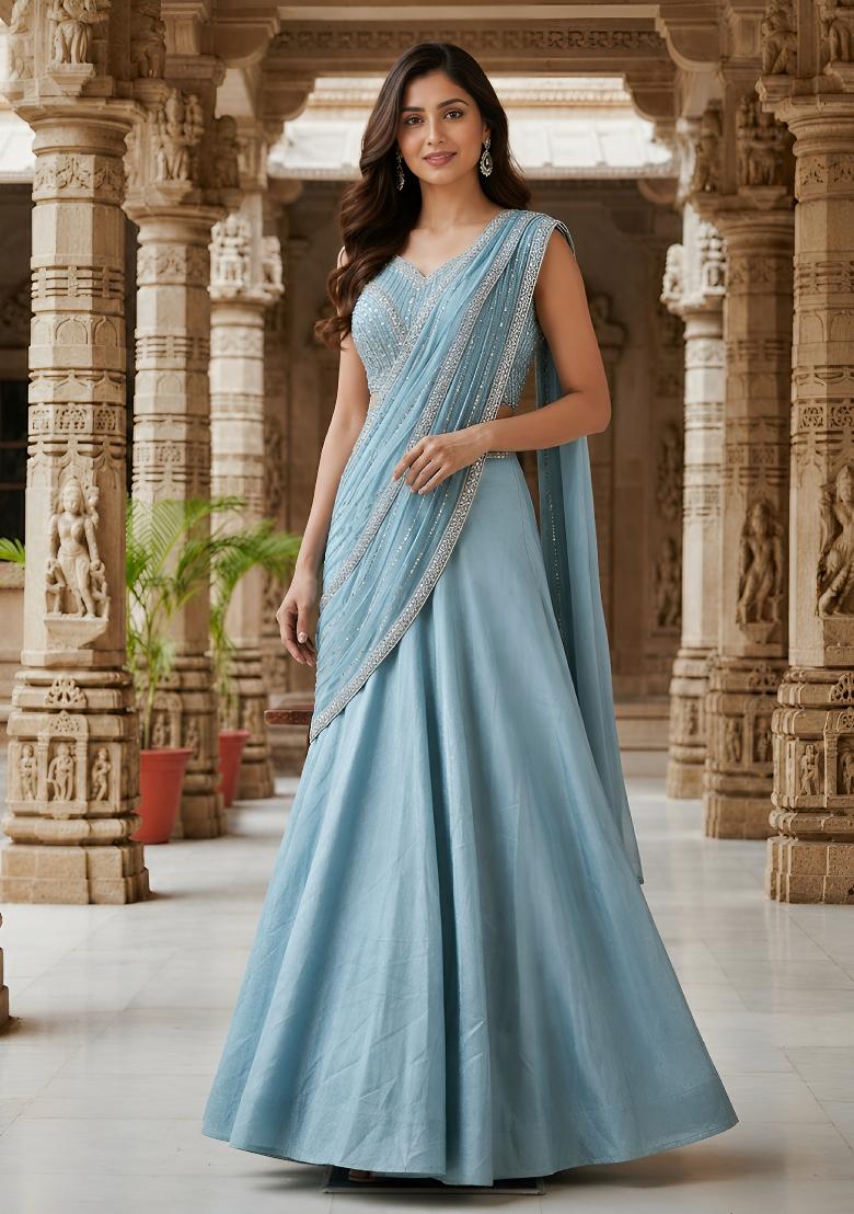 Sky Blue Sequin Work Chinon Lehenga Set - Indya