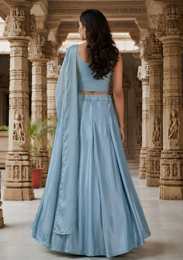 Sky Blue Sequin Work Chinon Lehenga Set for Diwali and Festive Wear - Indya